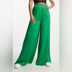 ASOS DESIGN satin beach palazzo pants, green, Sz 12 Tall